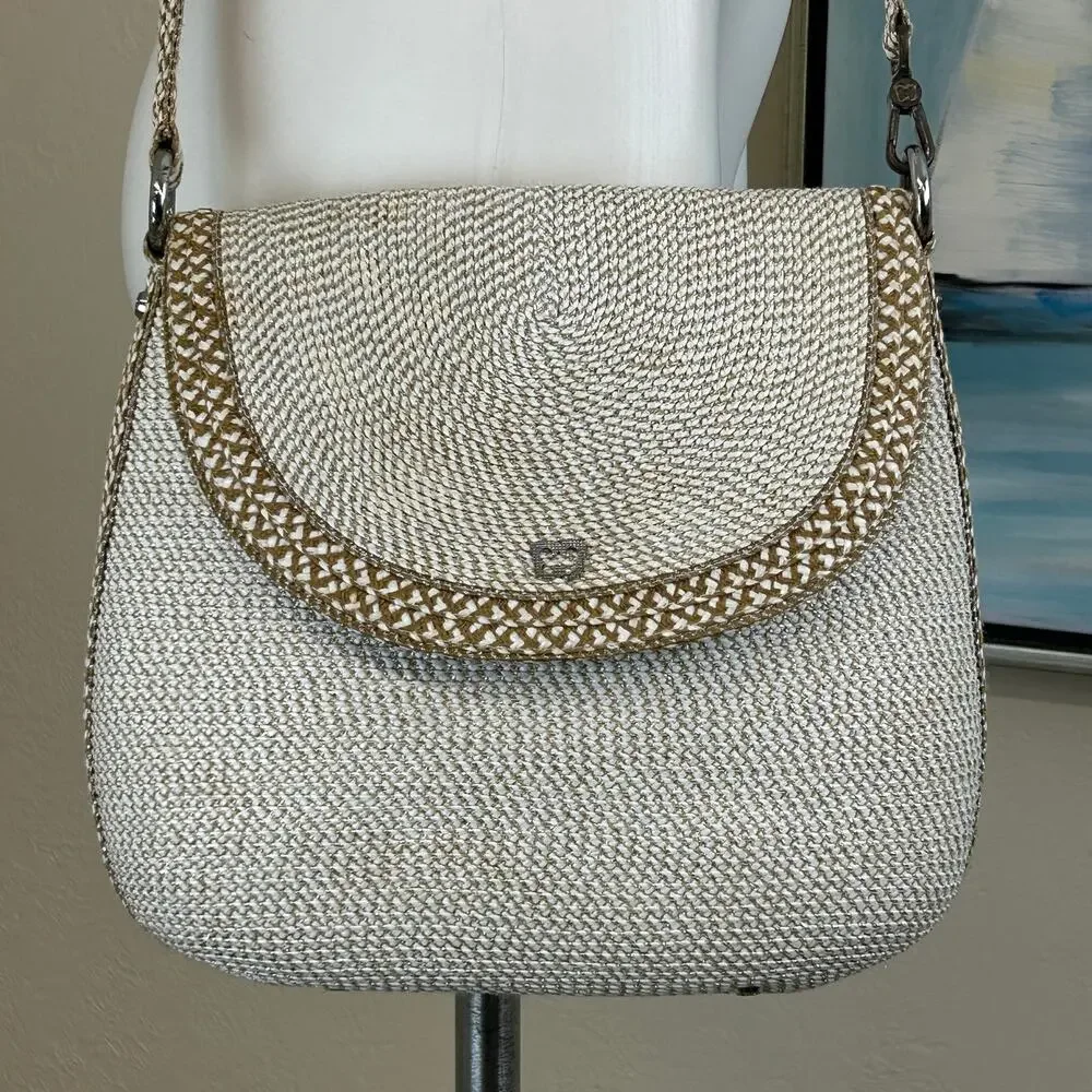 Eric Javits straw crossbody/shoulder bag White woven & metallic silver and gold